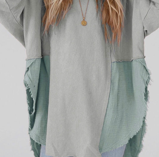 Splicing raw hem over size blouse