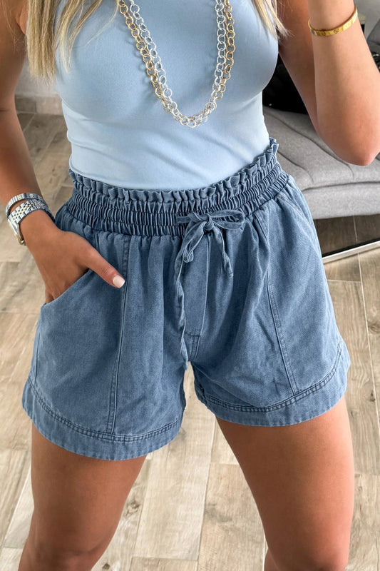 Dusk Blue Elastic Waist Shorts