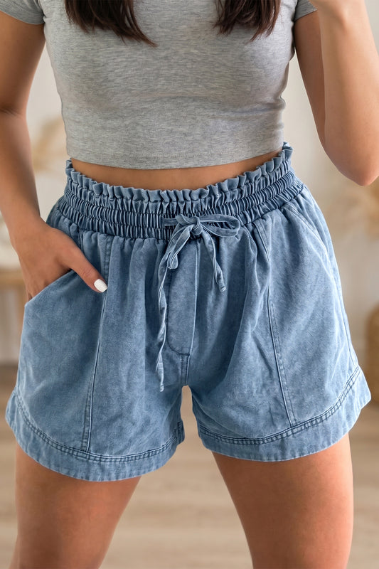 Dusk Blue Elastic Waist Shorts