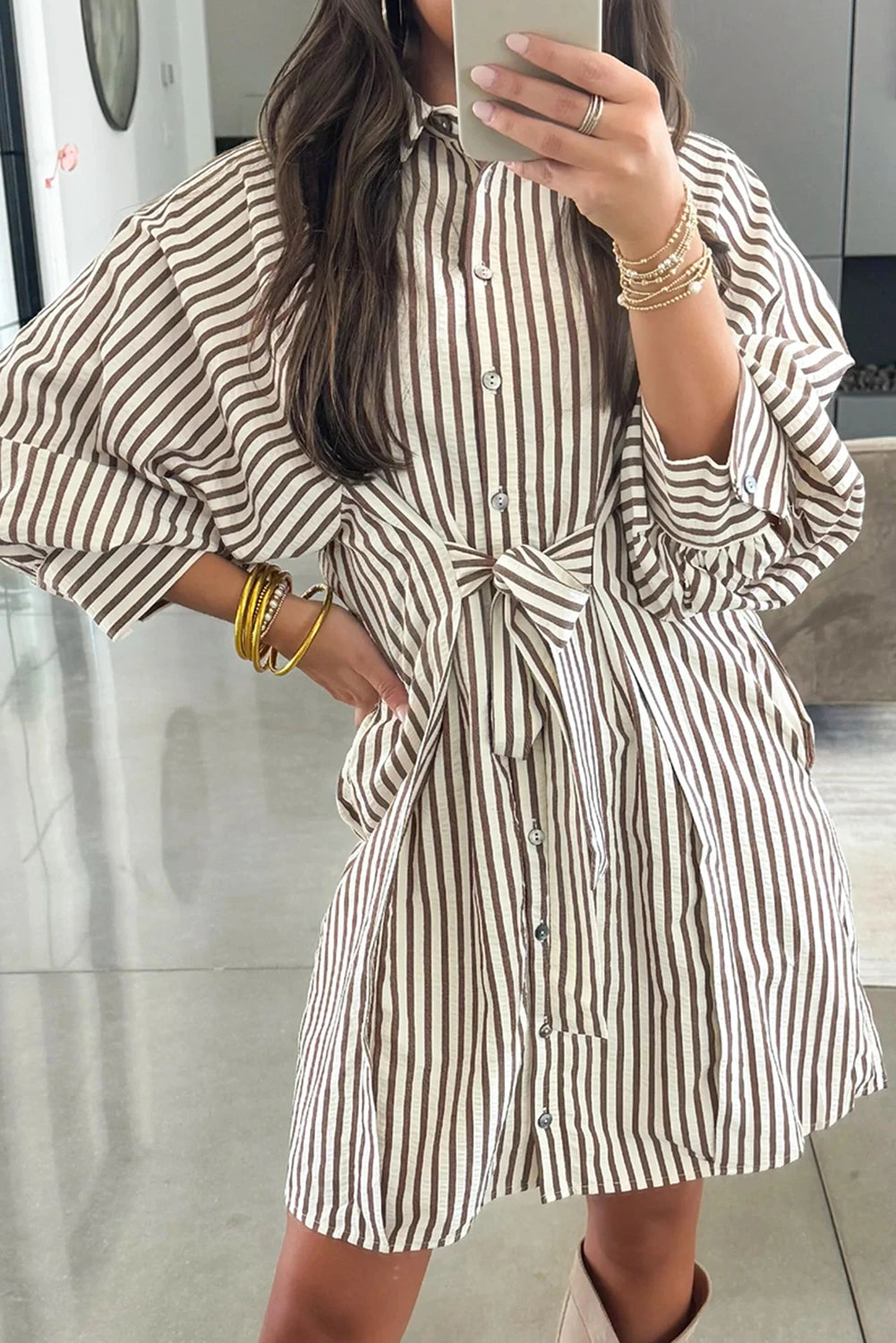 Cocoa Stripe Mini Shirt Dress